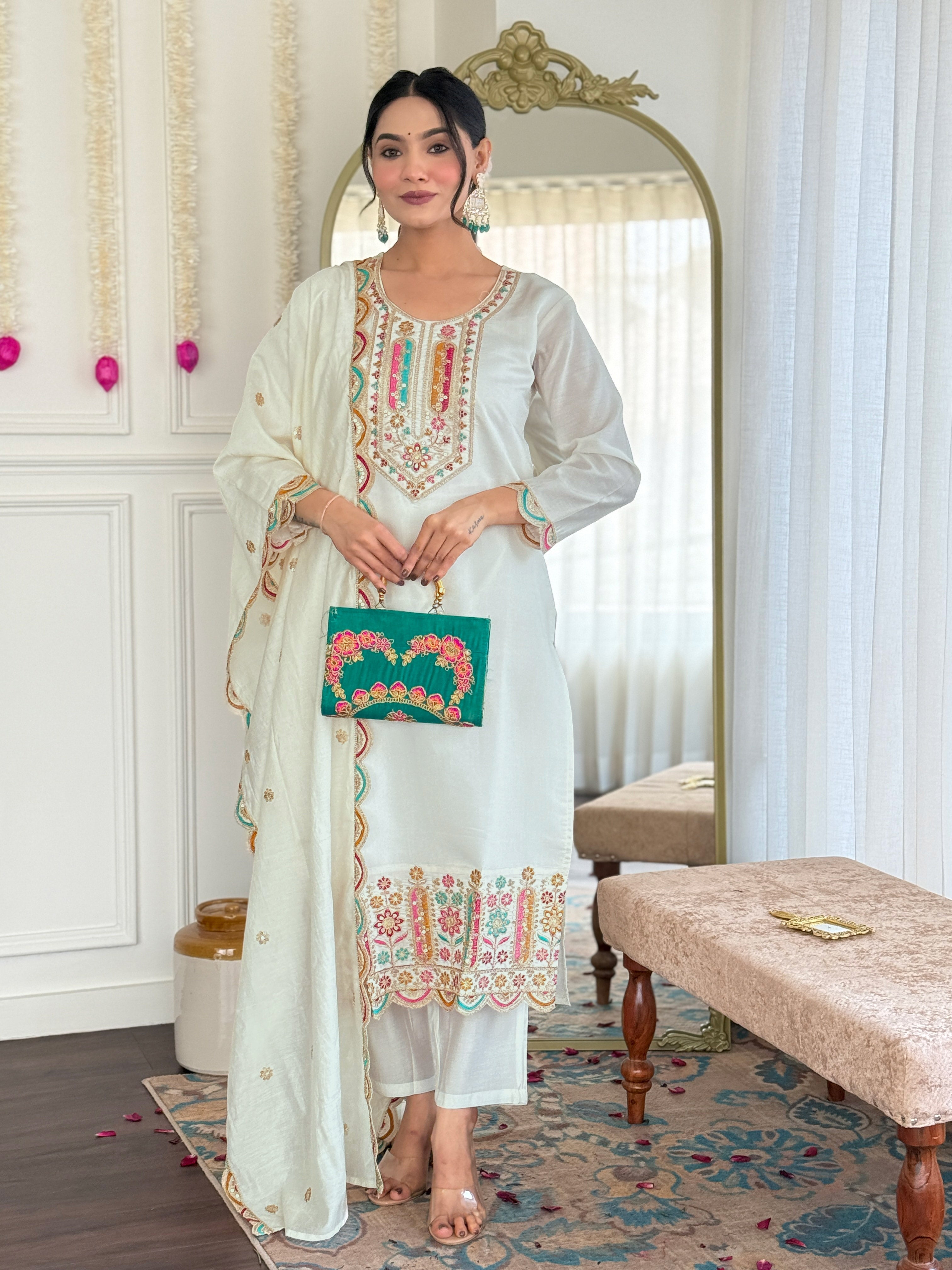 Vegles Embroidered Straight Kurti with Pants & Dupatta
