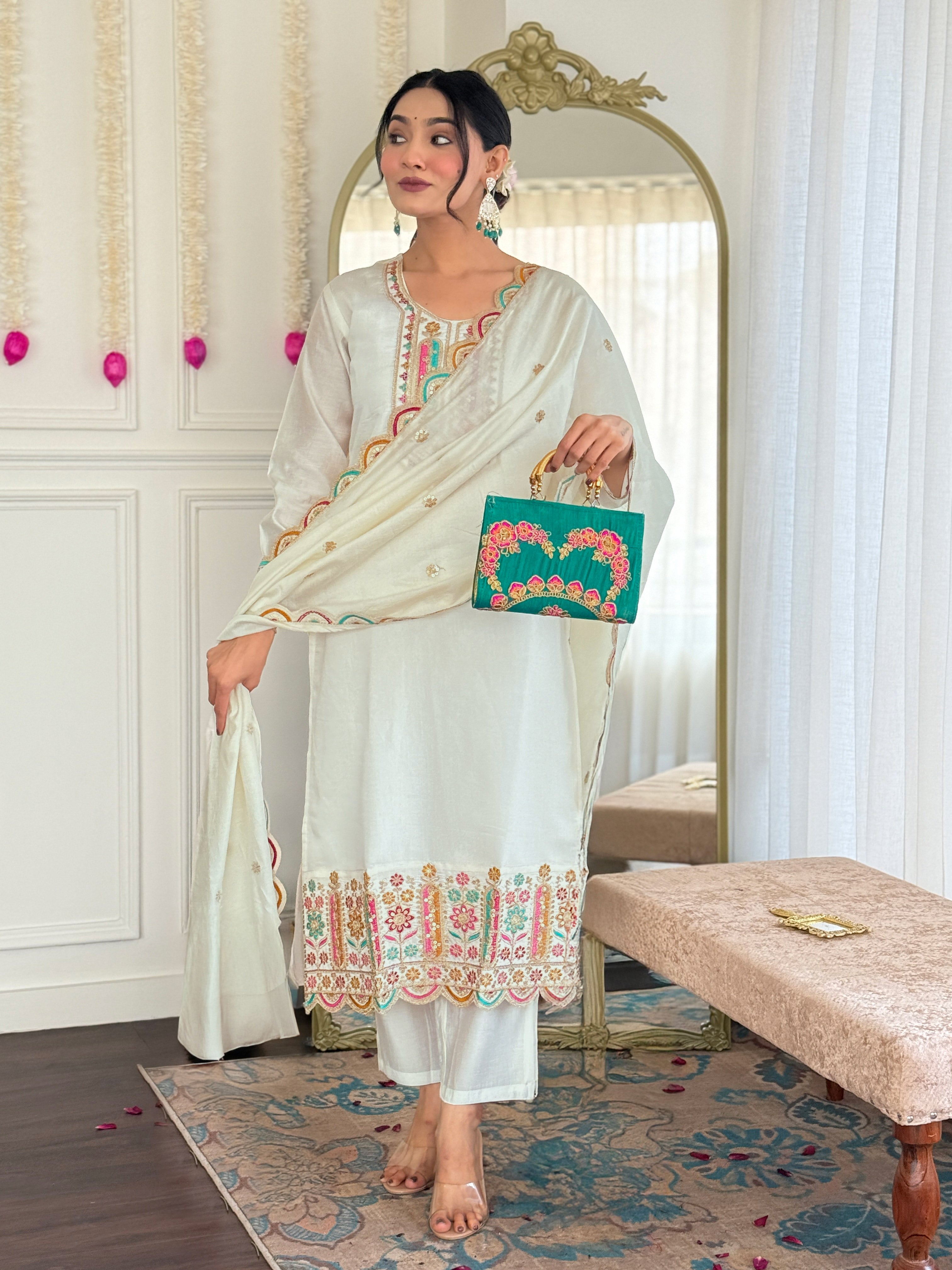 Vegles Embroidered Straight Kurti with Pants & Dupatta