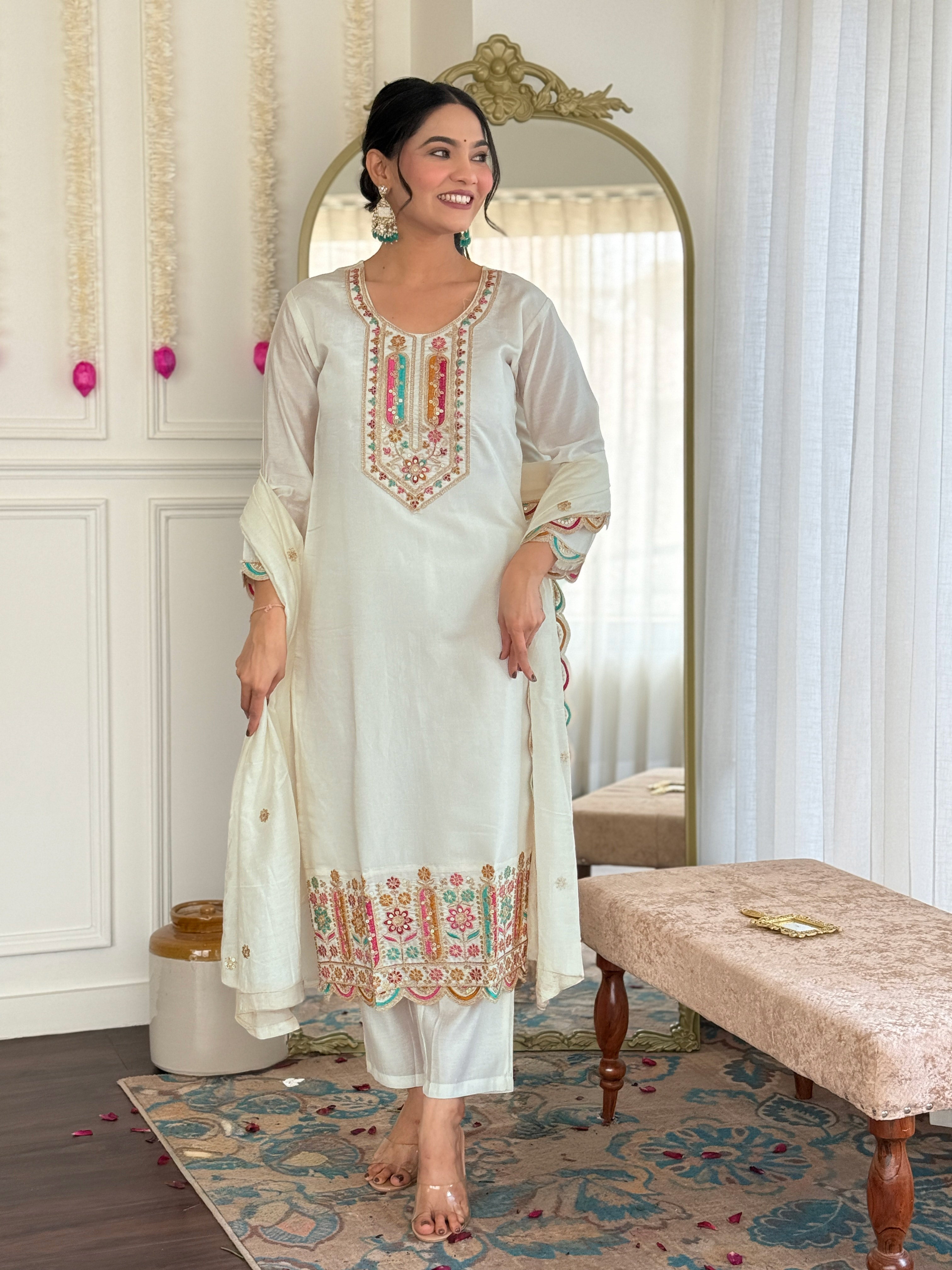 Vegles Embroidered Straight Kurti with Pants & Dupatta