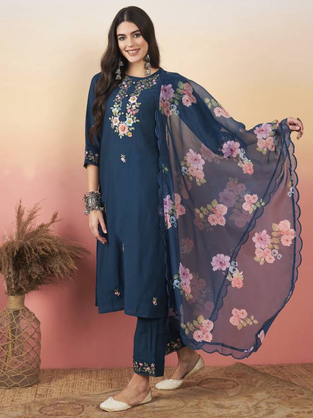 Vegles Embroidered Straight Kurti with Pants & Dupatta