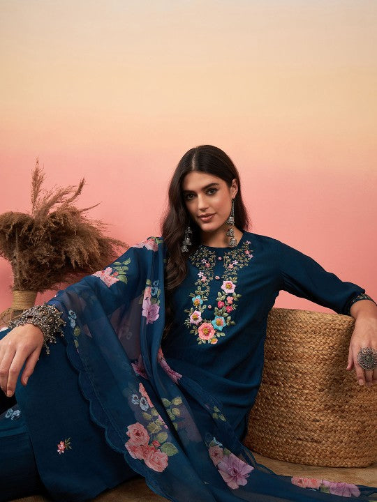 Vegles Embroidered Straight Kurti with Pants & Dupatta