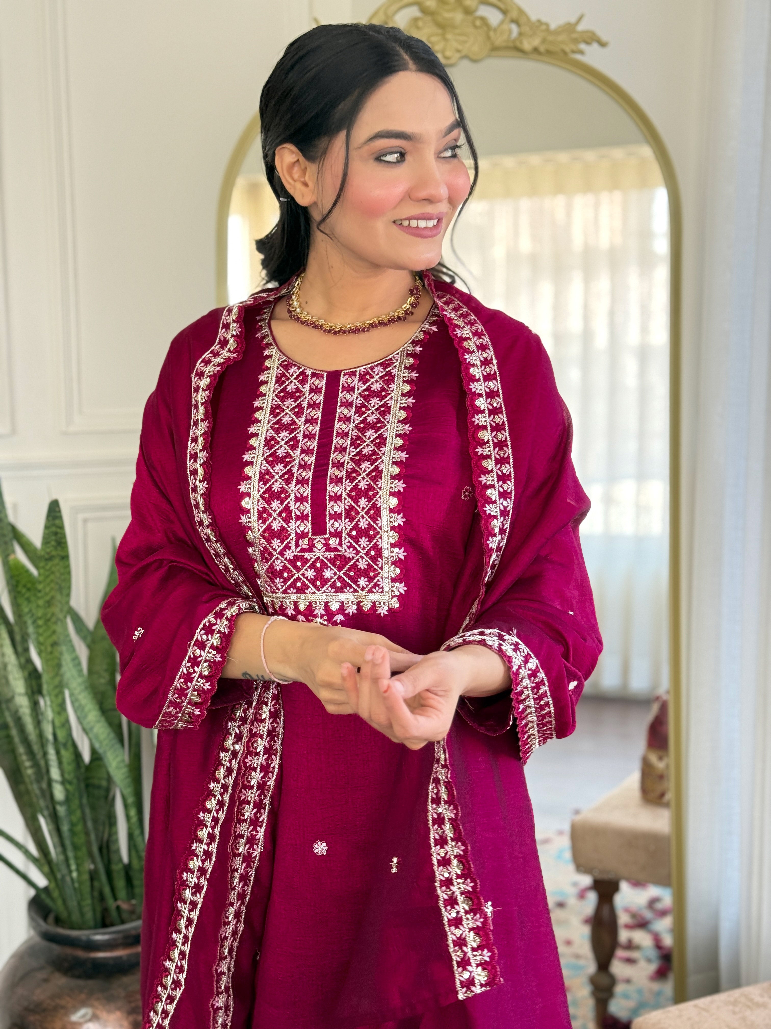 Vegles Embroidered Straight Kurti with Pants & Dupatta