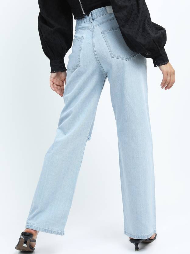 Vegles Women's Light Blue Distressed Wide-Leg Jeans