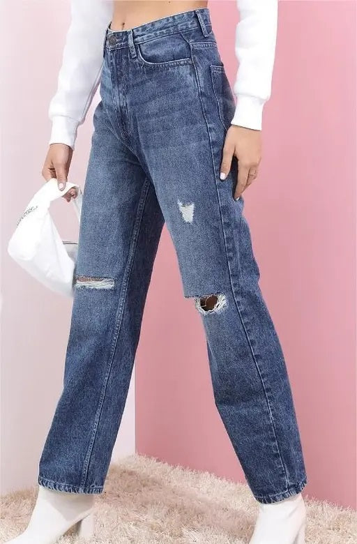 Vegles Women's Dark Wash Distressed Straight-Leg Jeans