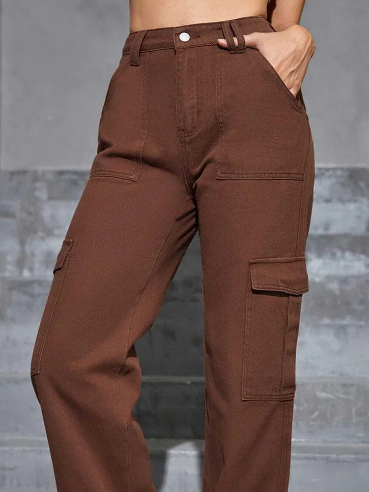 Vegles  Women's Brown High-Waist Cargo Pants