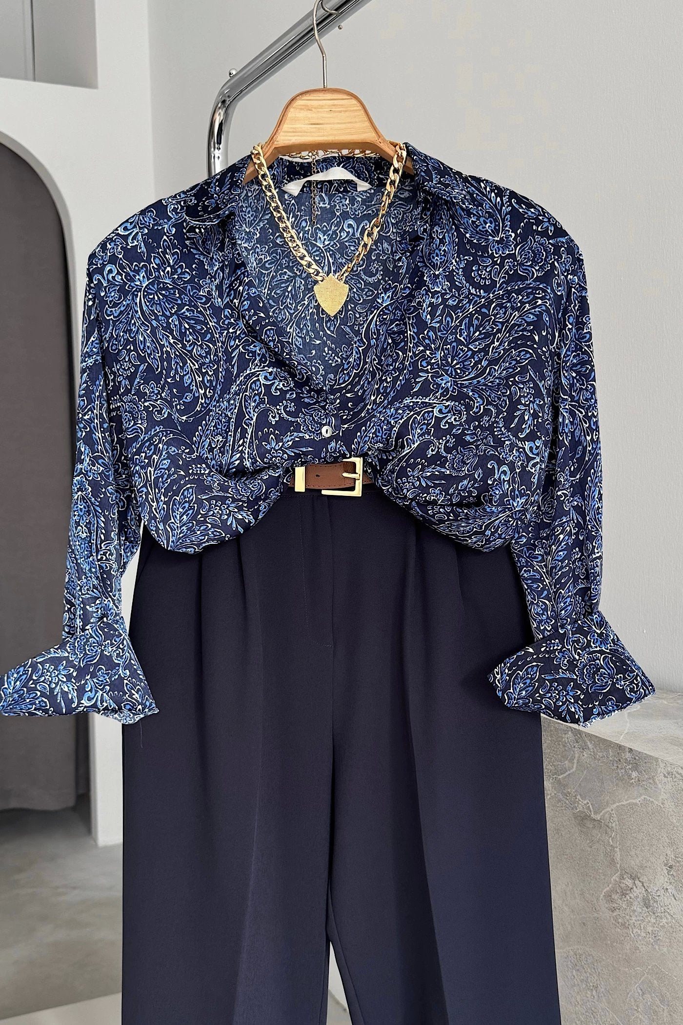 Vegles Navy Blue Paisley Print Button-Down Over-Size Shirt