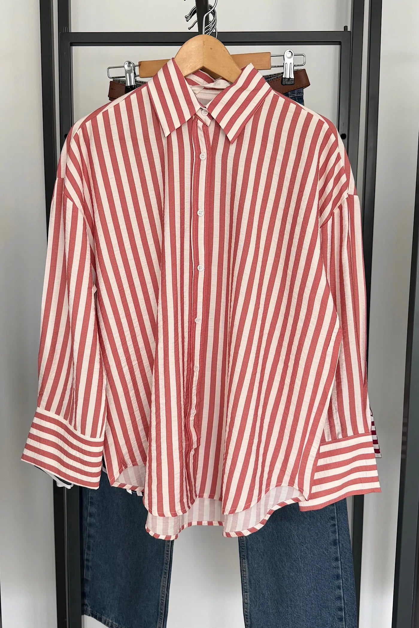 Vegles Red & White Striped Button-Down Over-Size Shirt – Casual Long Sleeve Cotton Shirt