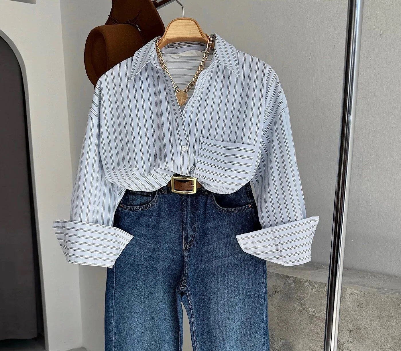 Vegles Striped Pocket Poplin Over-Size Shirt – Light Blue