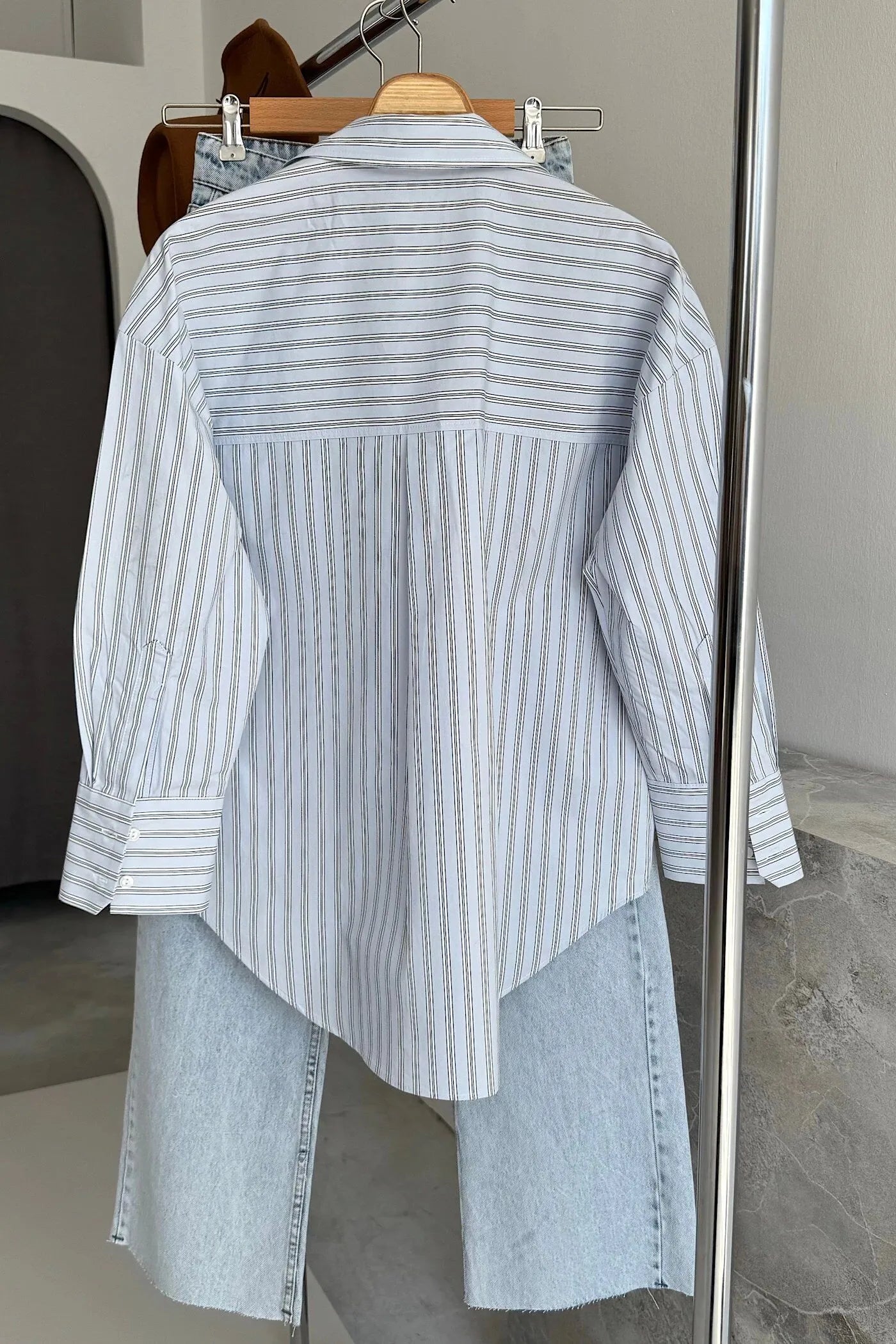 Vegles Striped Pocket Poplin Over-Size Shirt – Light Blue