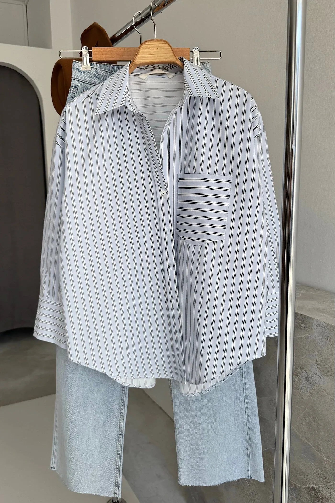 Vegles Striped Pocket Poplin Over-Size Shirt – Light Blue