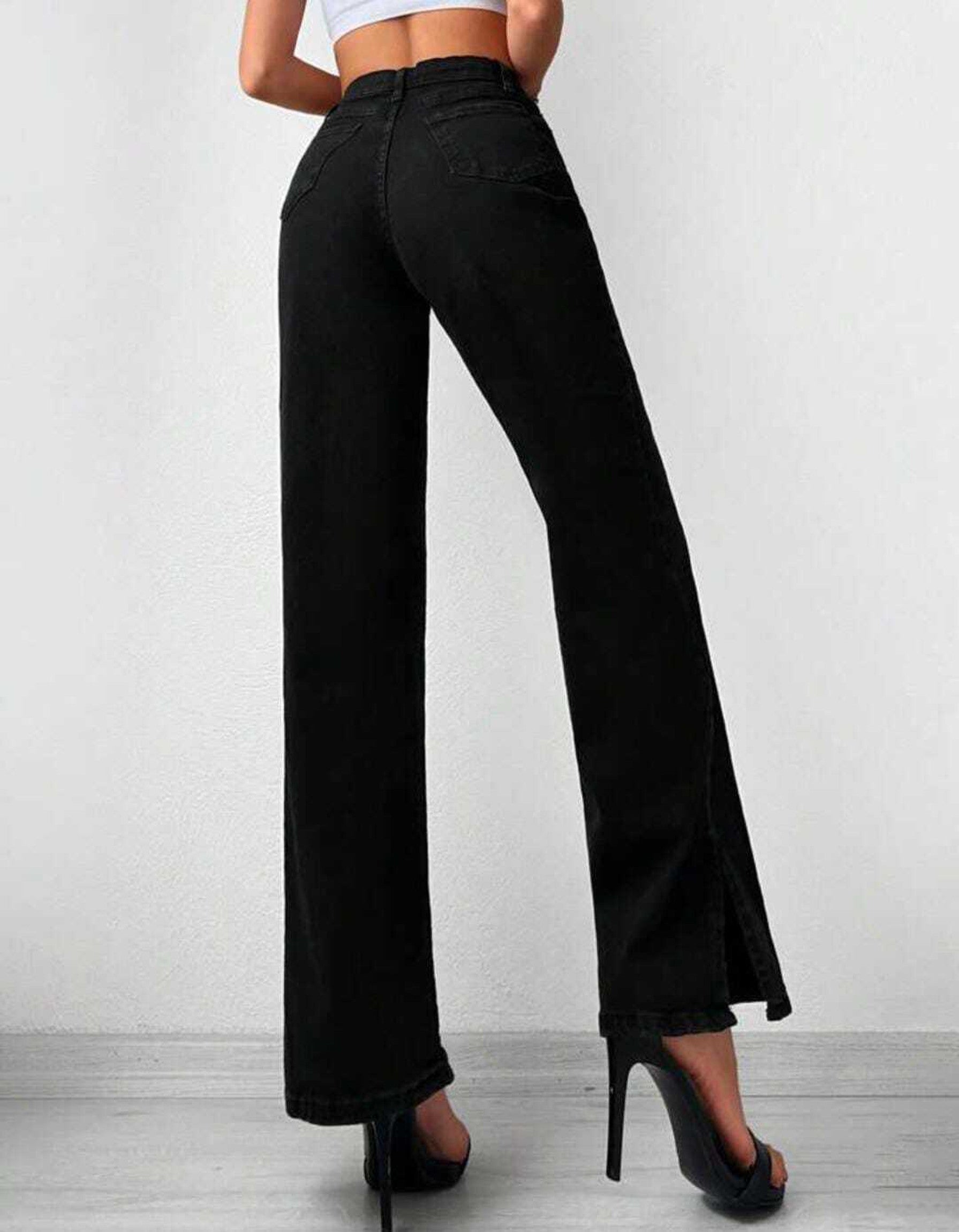 Vegles Women's Black High-Waist Wide-Leg Jeans