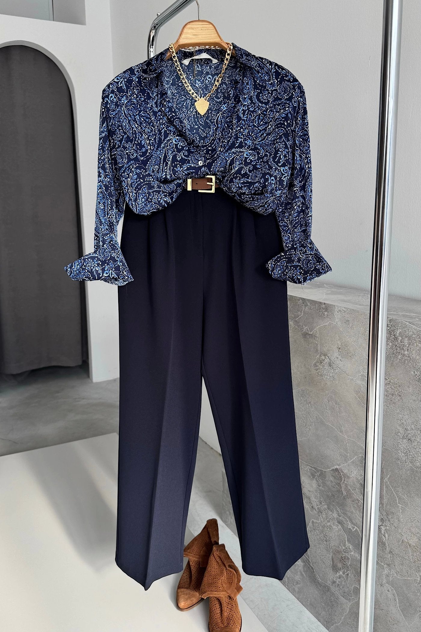 Vegles Navy Blue Paisley Print Button-Down Over-Size Shirt