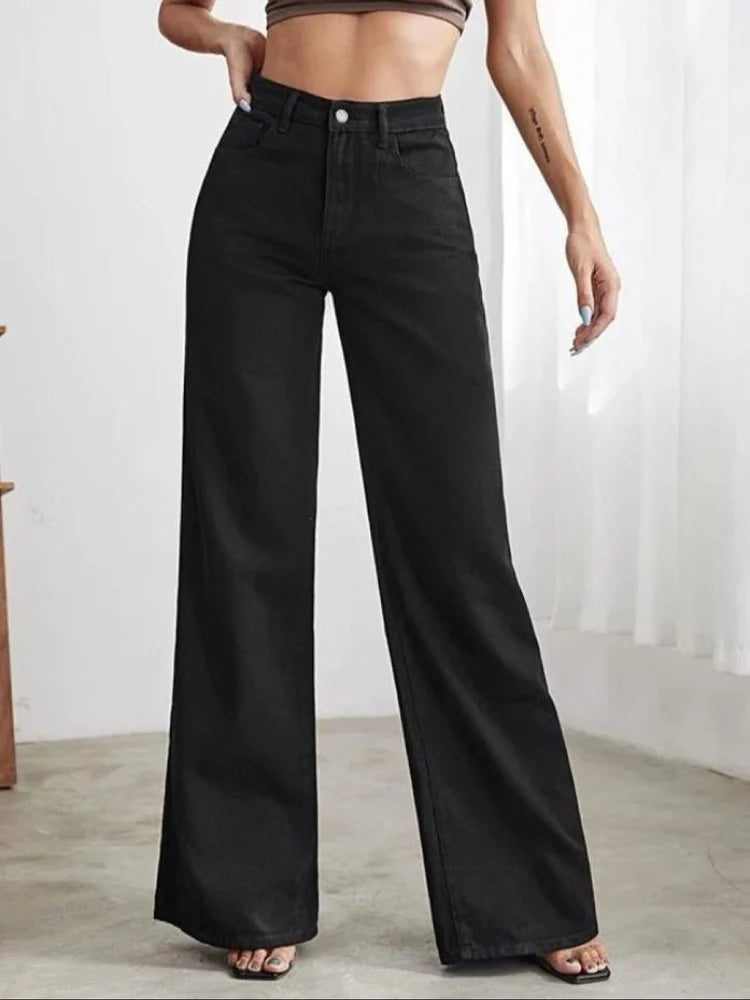 Vegles Women's Black High-Waisted Wide-Leg Jeans