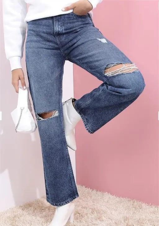 Vegles Women's Dark Wash Distressed Straight-Leg Jeans