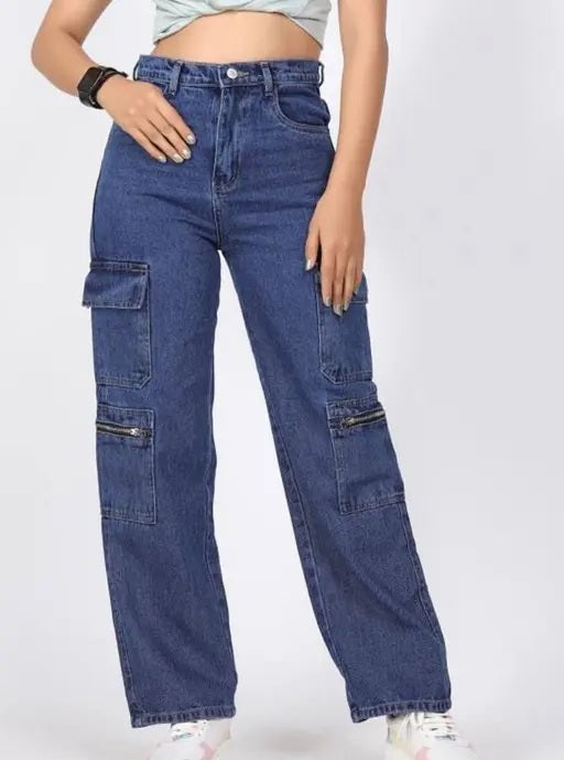 Vegles Women's High-Waist Denim Cargo Jeans