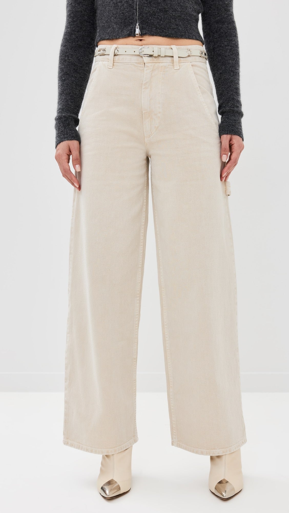 Vegles Beige Utility Wide Leg Denim Jeans for Women – High-Waist Workwear Style