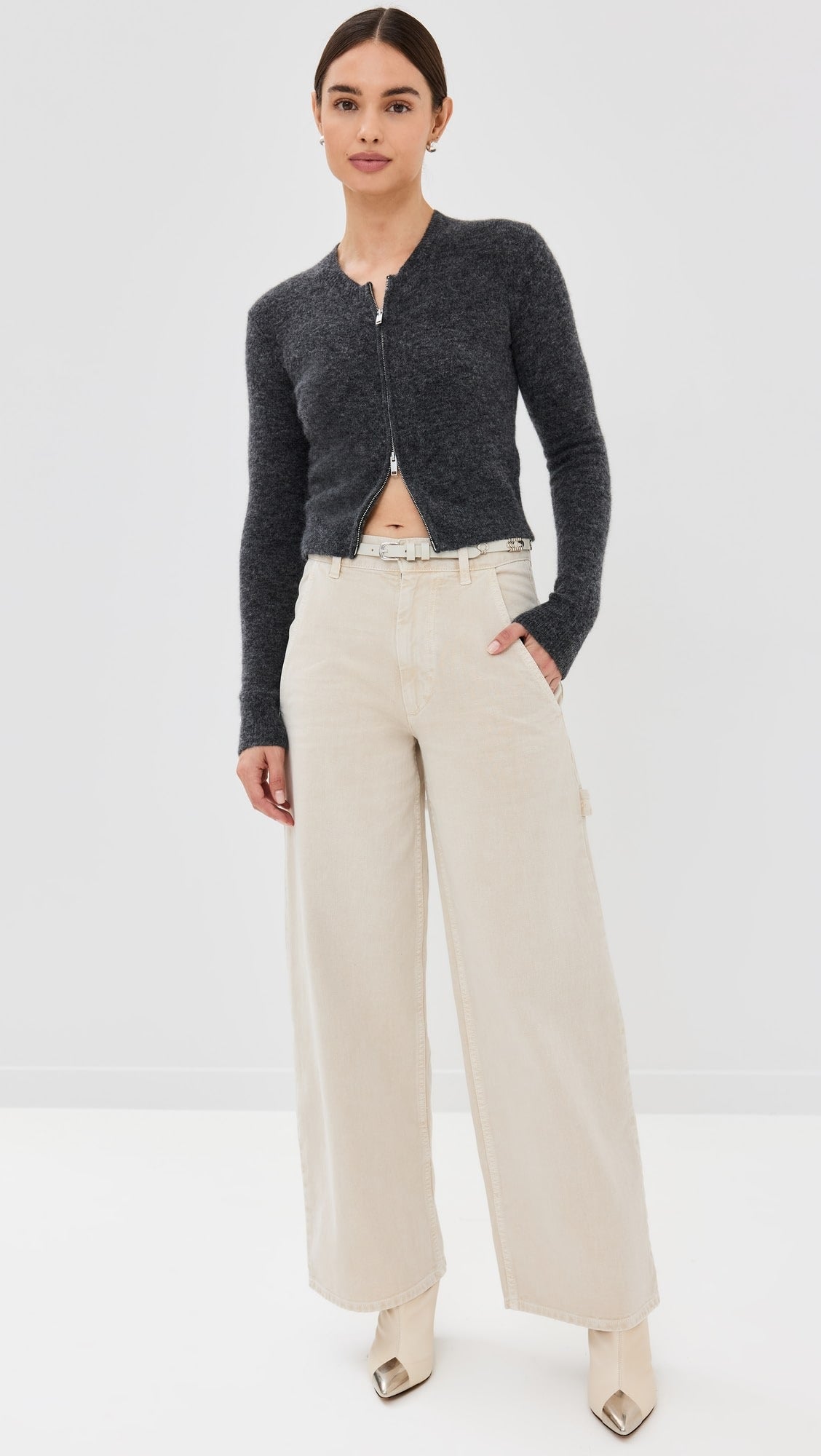 Vegles Beige Utility Wide Leg Denim Jeans for Women – High-Waist Workwear Style