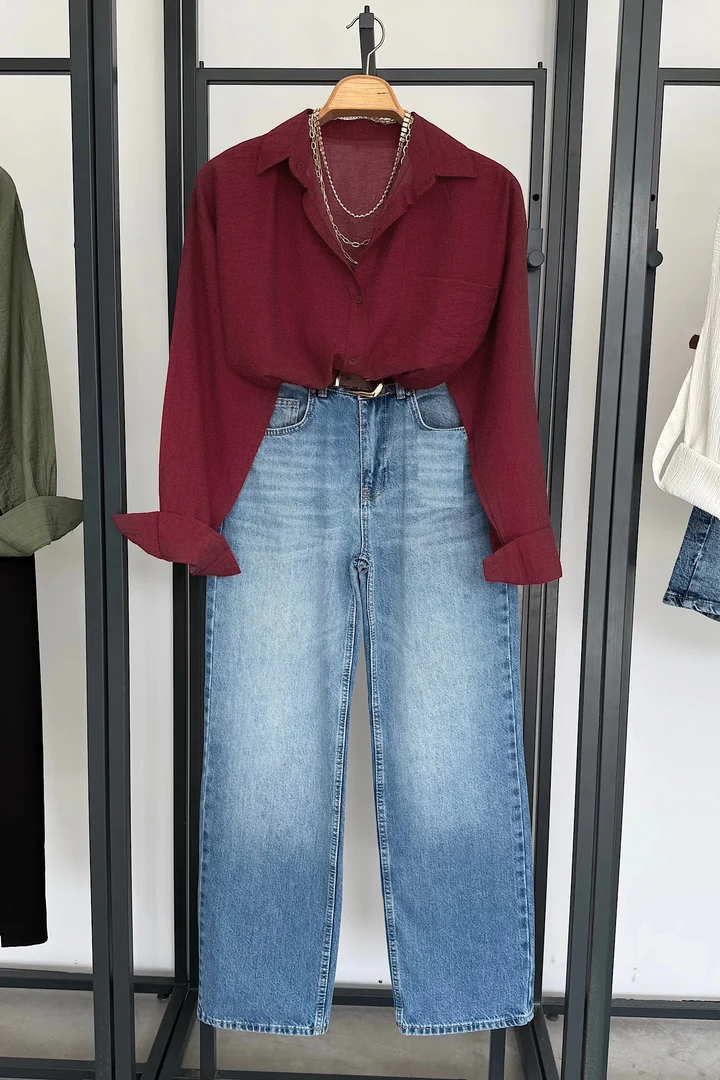 Vegles Red Korean Silk Button-Up Over-Size Shirt