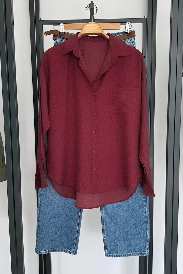 Vegles Red Korean Silk Button-Up Over-Size Shirt