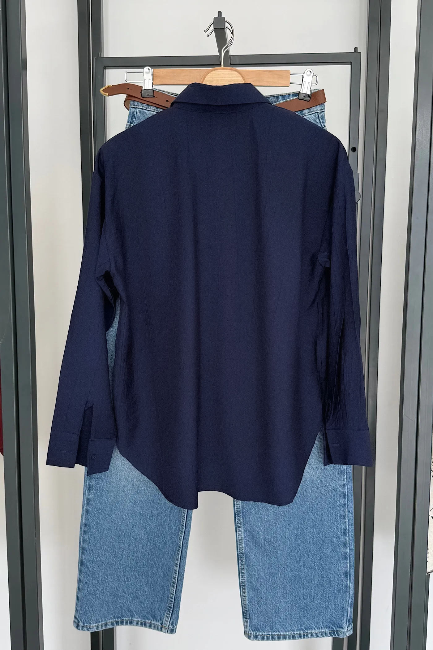 Vegles Navy Blue Crinkle-Texture Button-Up Over-Size Shirt