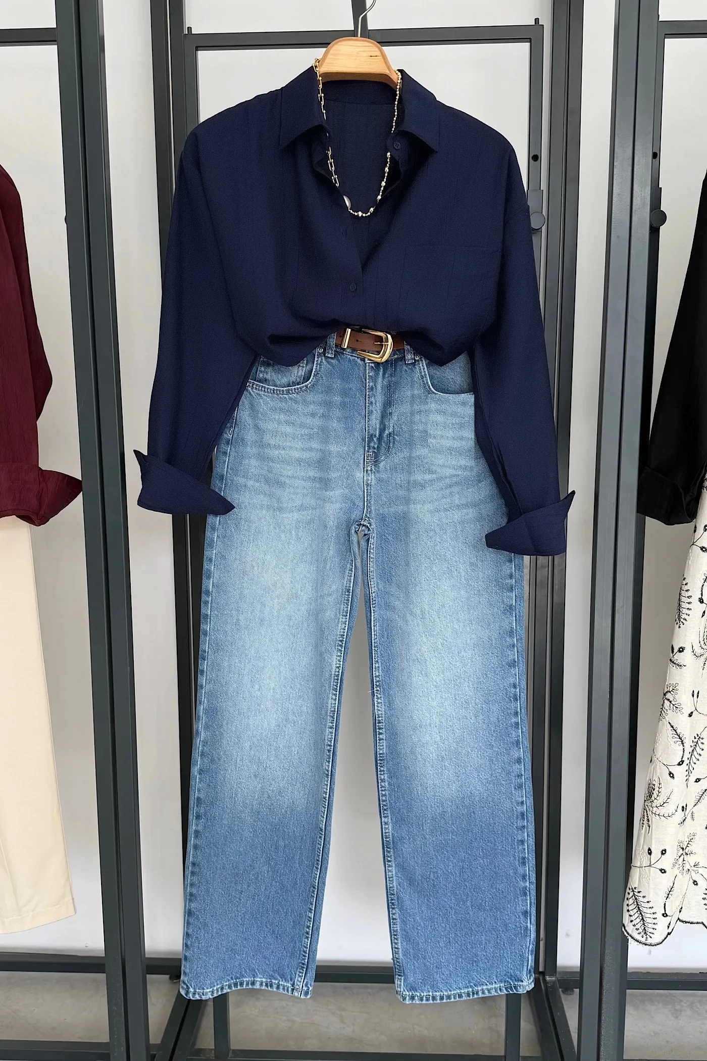 Vegles Navy Blue Crinkle-Texture Button-Up Over-Size Shirt