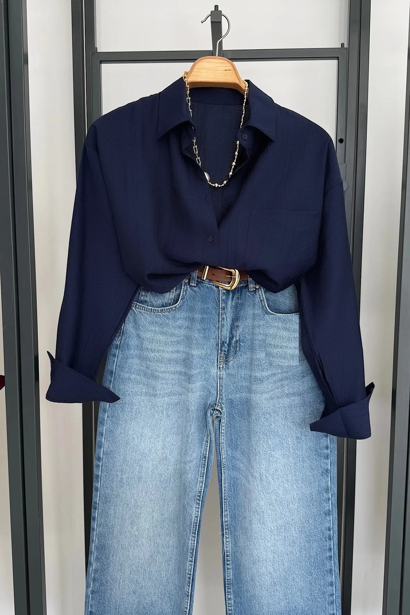 Vegles Navy Blue Crinkle-Texture Button-Up Over-Size Shirt