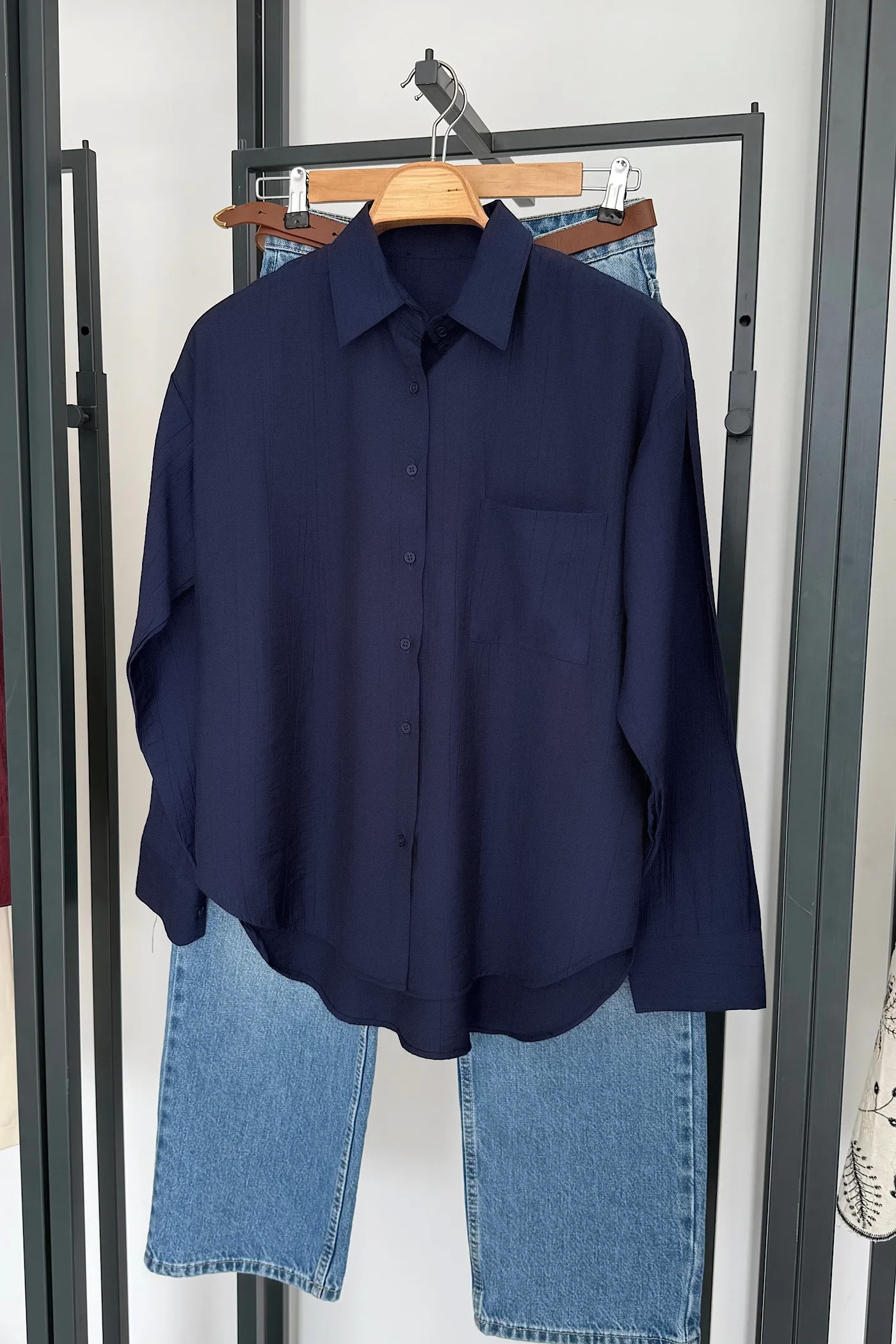 Vegles Navy Blue Crinkle-Texture Button-Up Over-Size Shirt