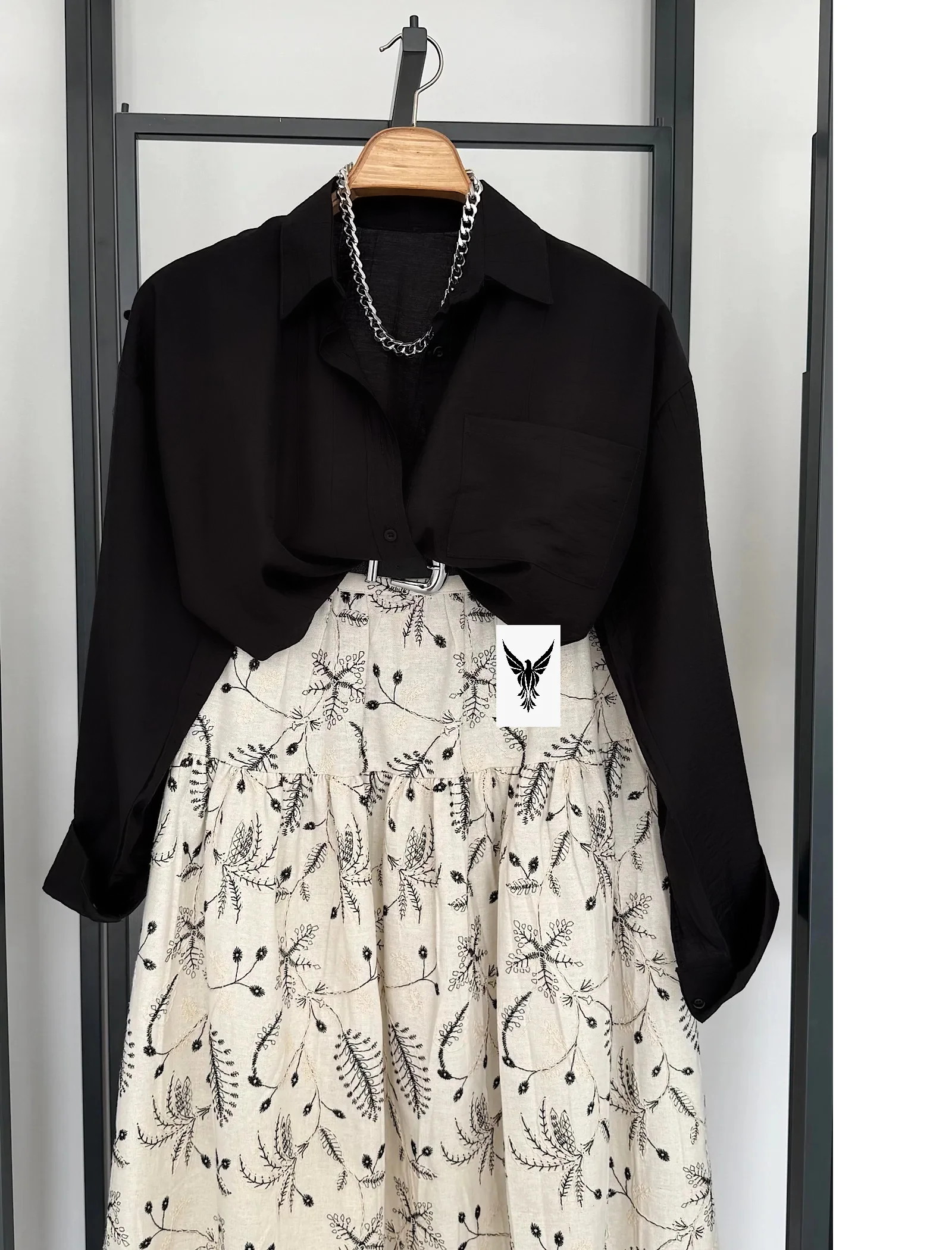 Vegles Black Korean Silk Button-Up Over-Size Shirt