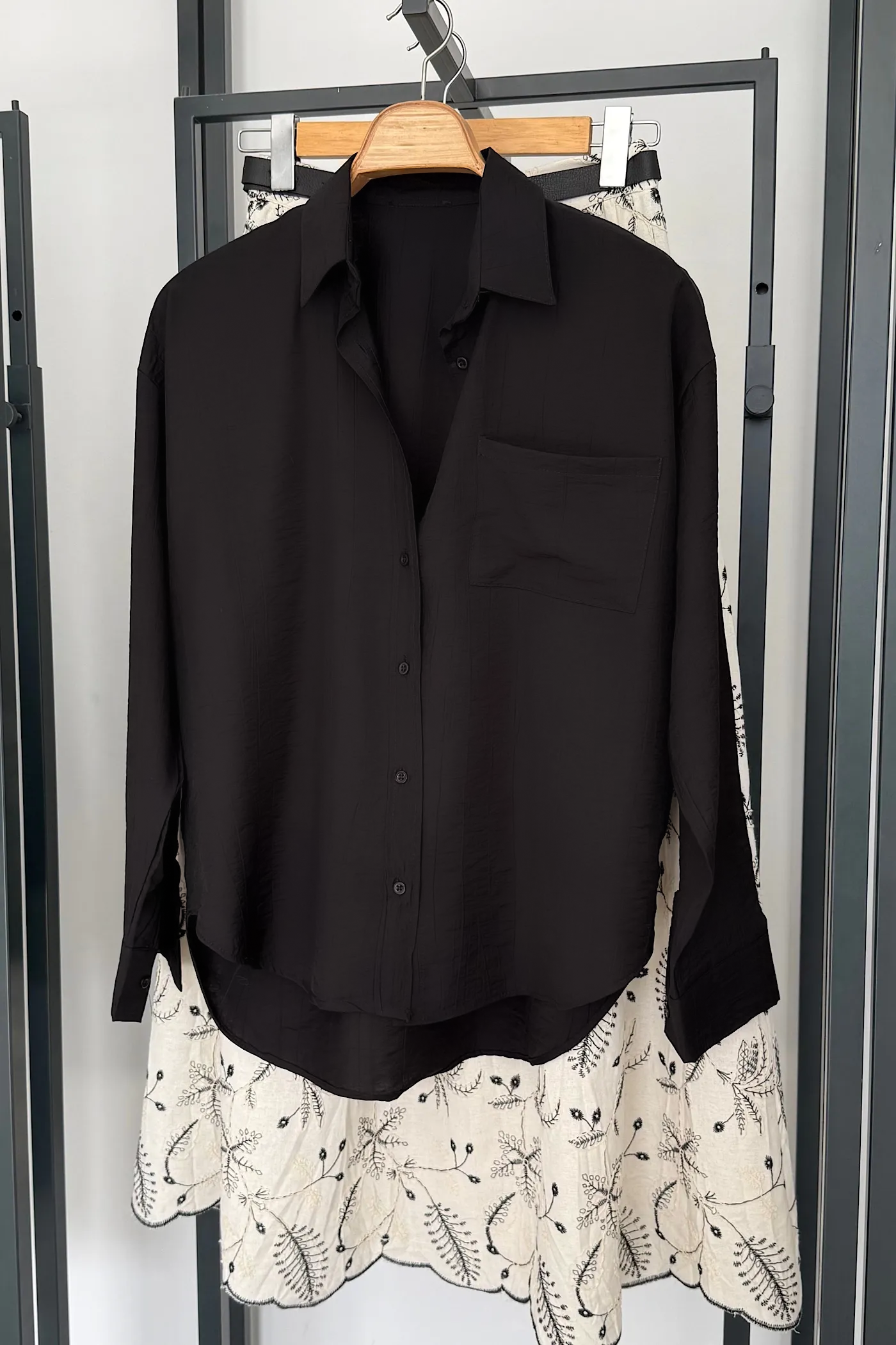 Vegles Black Korean Silk Button-Up Over-Size Shirt