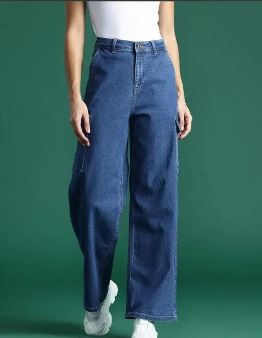Vegles Women's Dark Blue Wide-Leg Cargo Jeans
