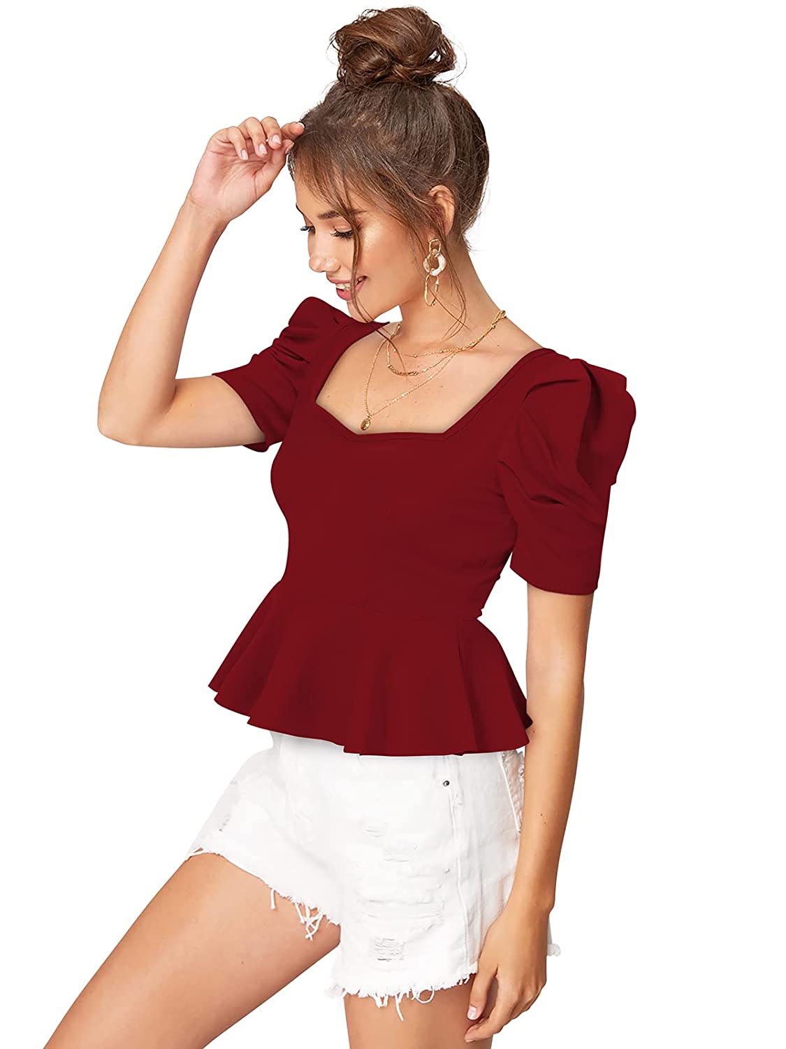 Women's Puff Sleeve Peplum Top