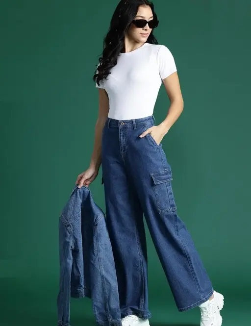 Vegles Women's Dark Blue Wide-Leg Cargo Jeans