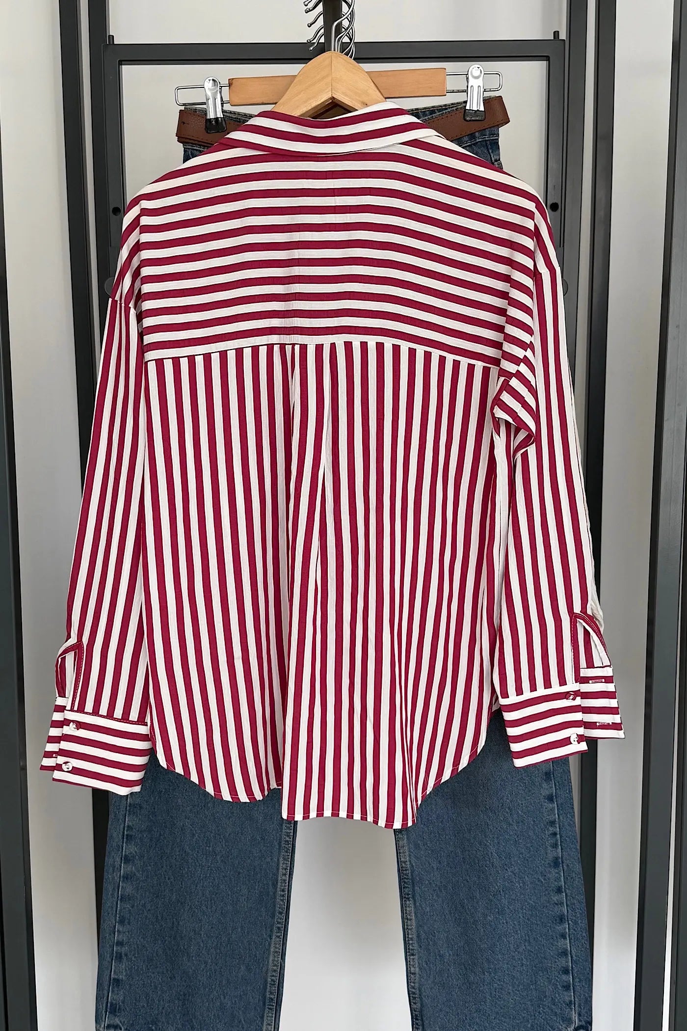 Vegles Red & White Striped Button-Down Over-Shirt Shirt – Casual Long Sleeve Cotton Shirt