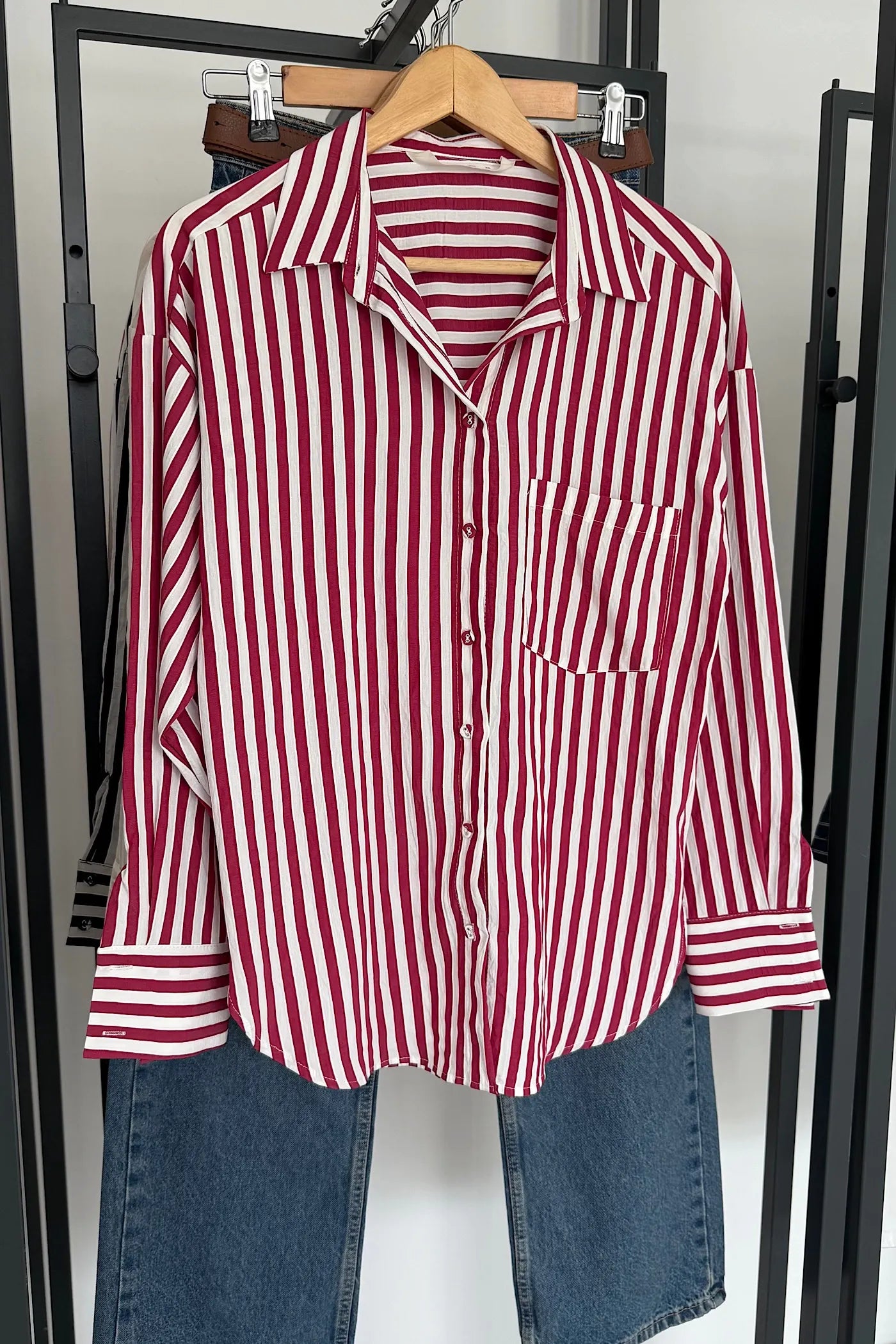 Vegles Red & White Striped Button-Down Over-Shirt Shirt – Casual Long Sleeve Cotton Shirt