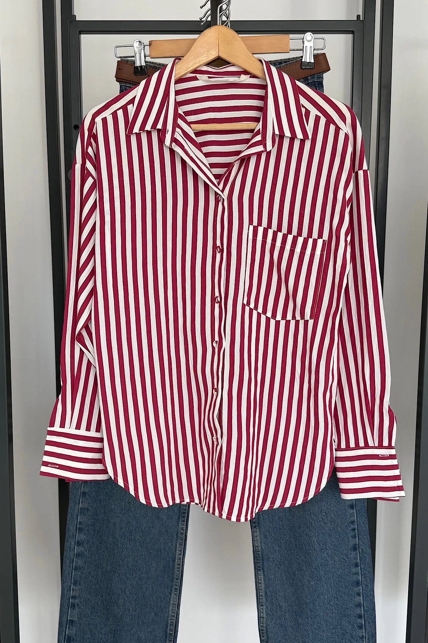 Vegles Red & White Striped Button-Down Over-Shirt Shirt – Casual Long Sleeve Cotton Shirt