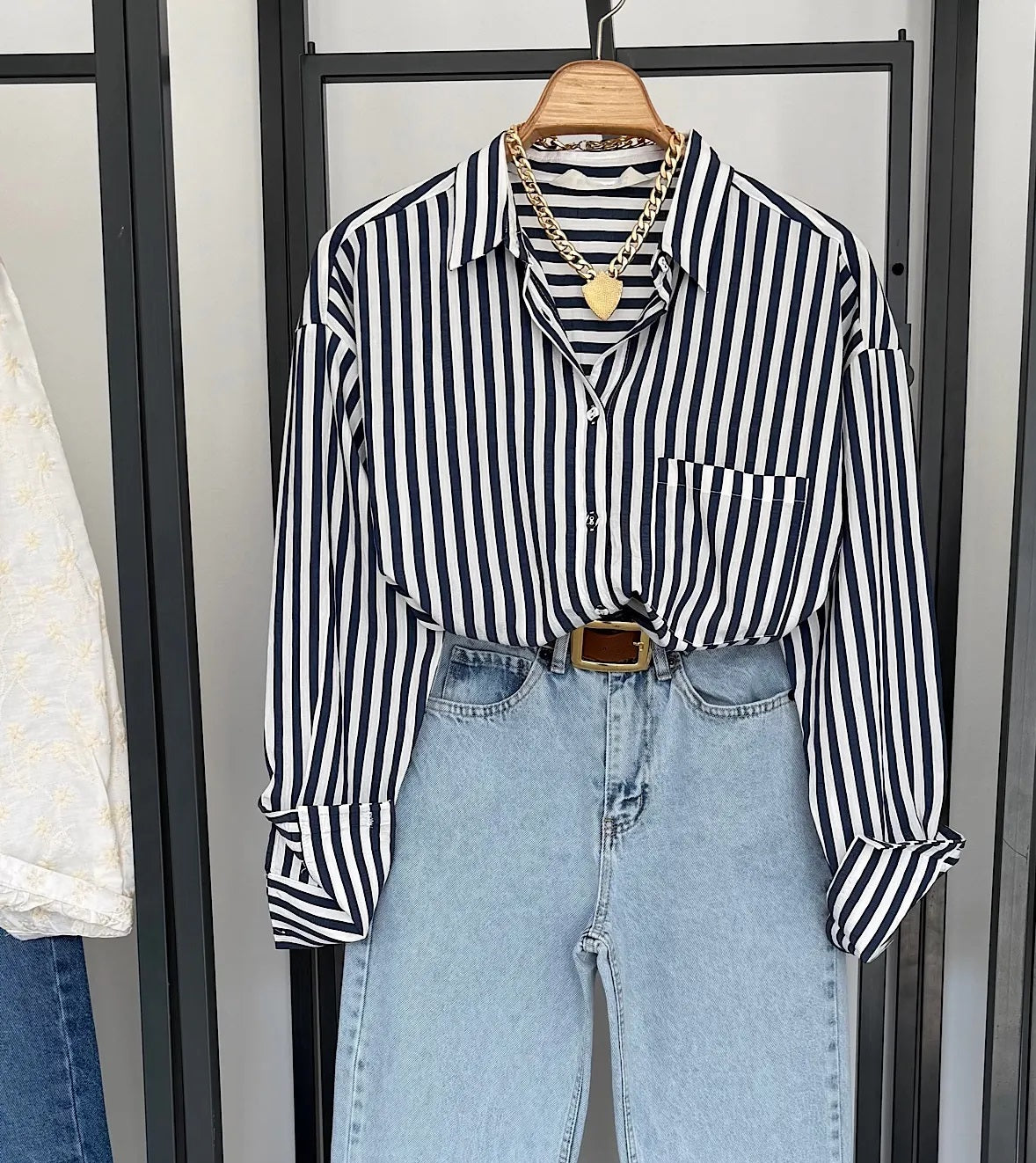 Vegles Black & White Striped Button-Down Over-Size Shirt – Casual Long Sleeve Cotton Shirt