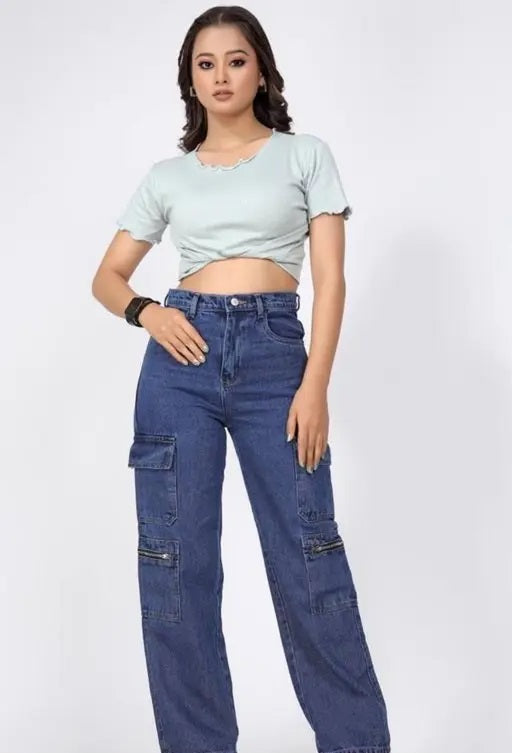 Vegles Women's High-Waist Denim Cargo Jeans