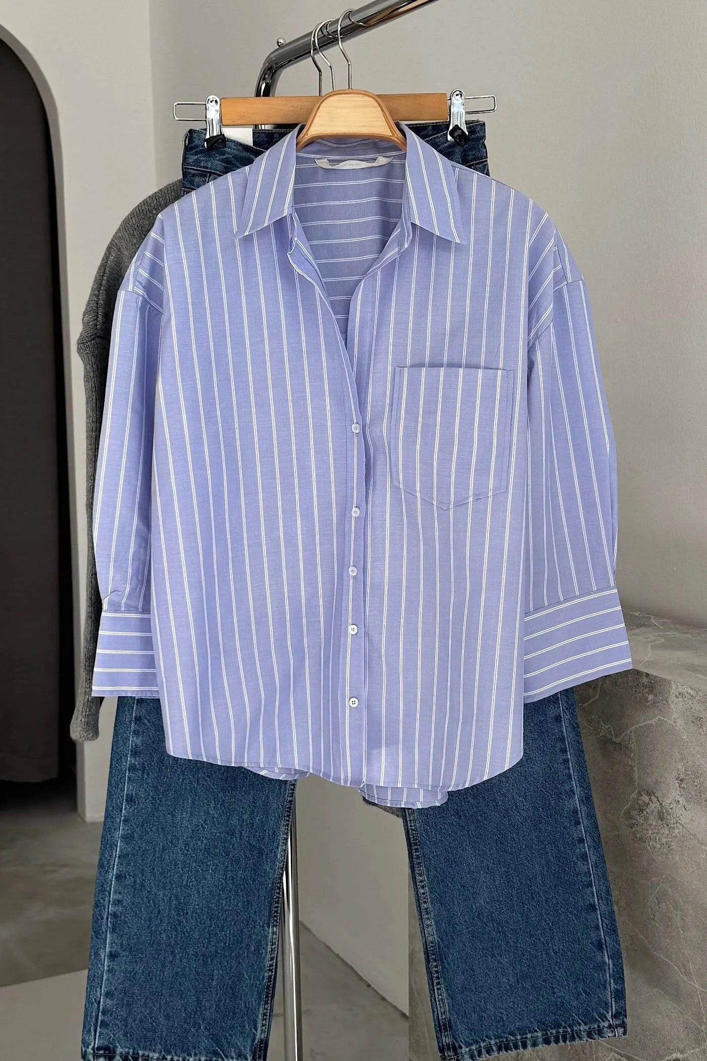 Vegles Striped Pocket Poplin Over-Size  Shirt