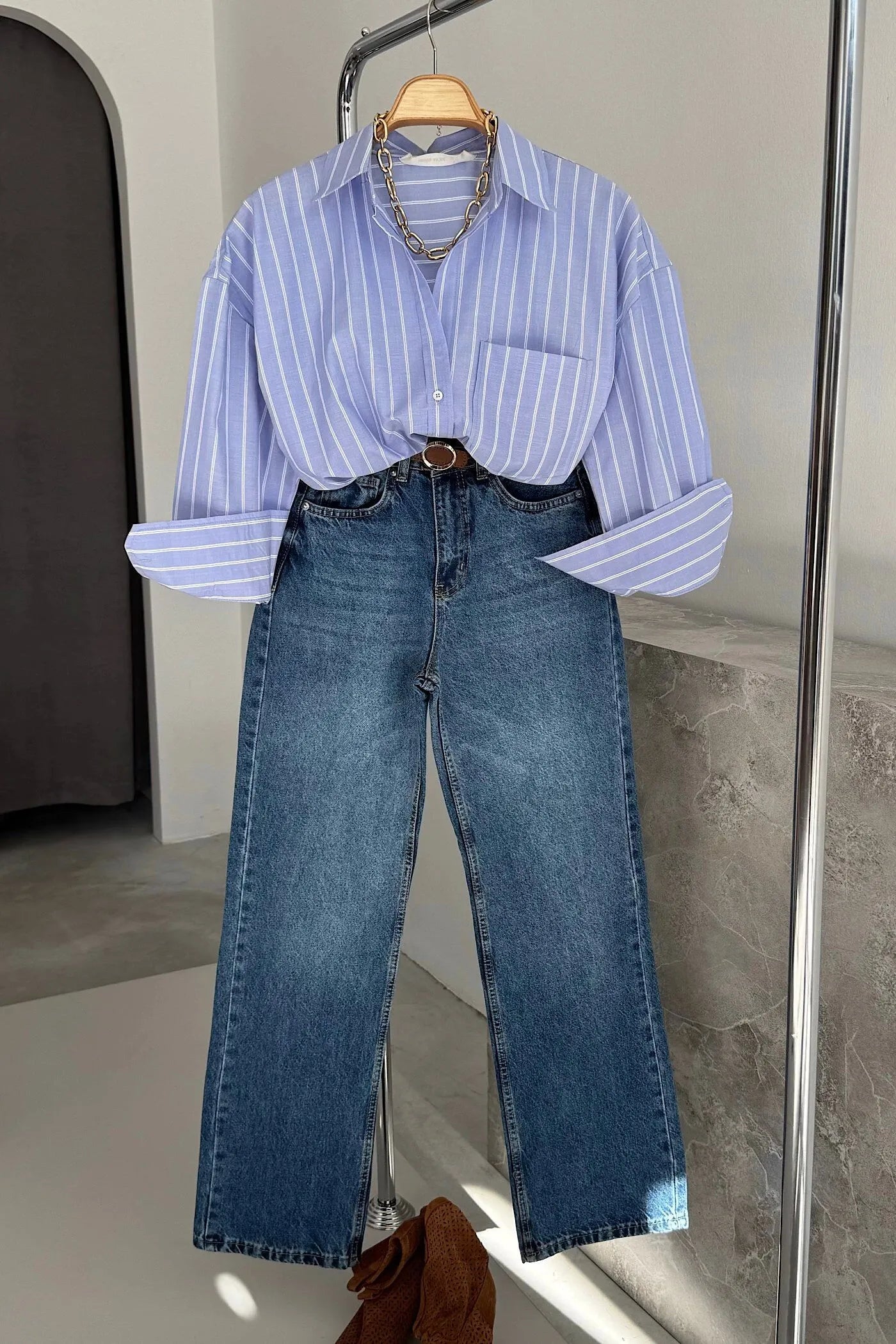 Vegles Striped Pocket Poplin Over-Size  Shirt