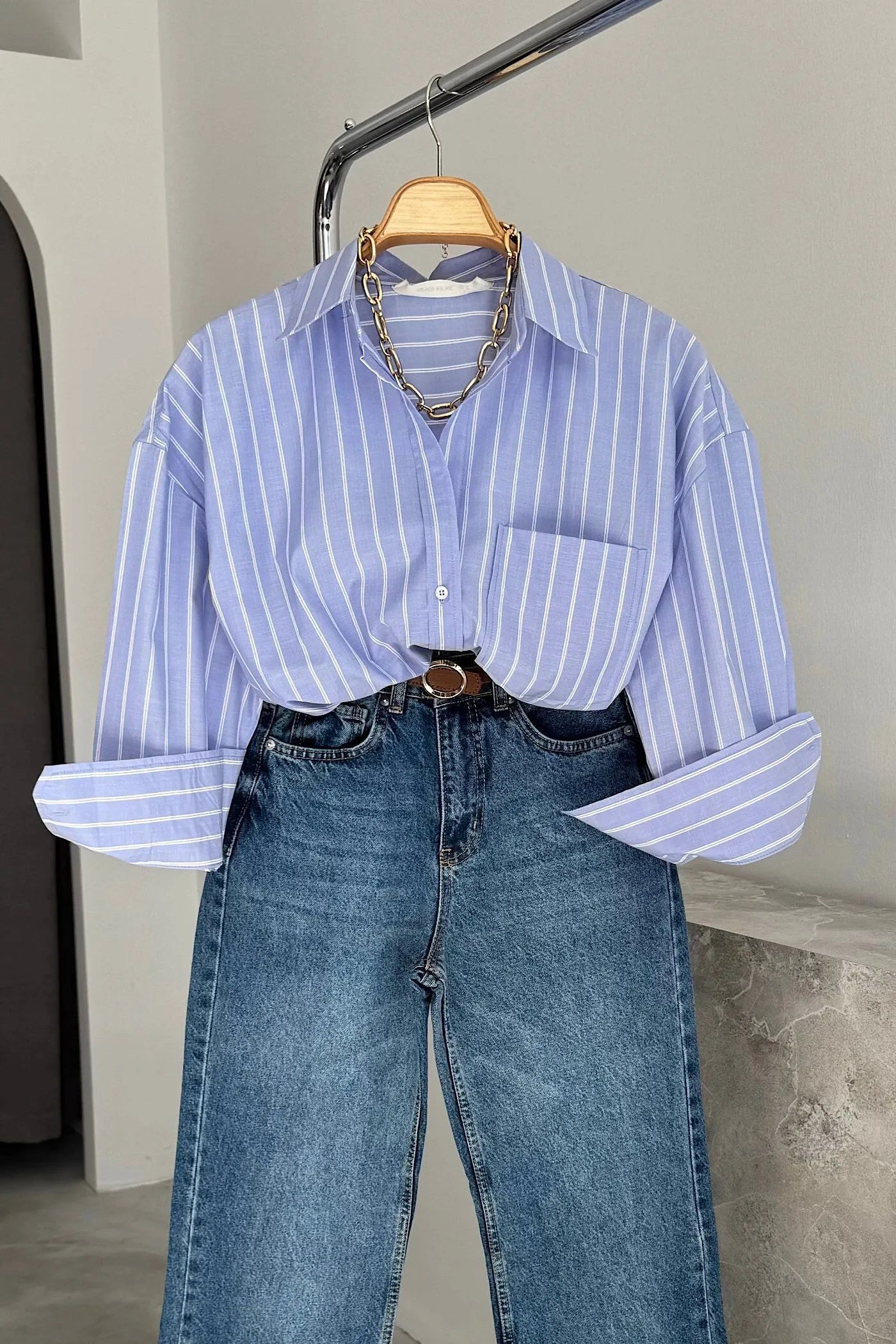 Vegles Striped Pocket Poplin Over-Size  Shirt