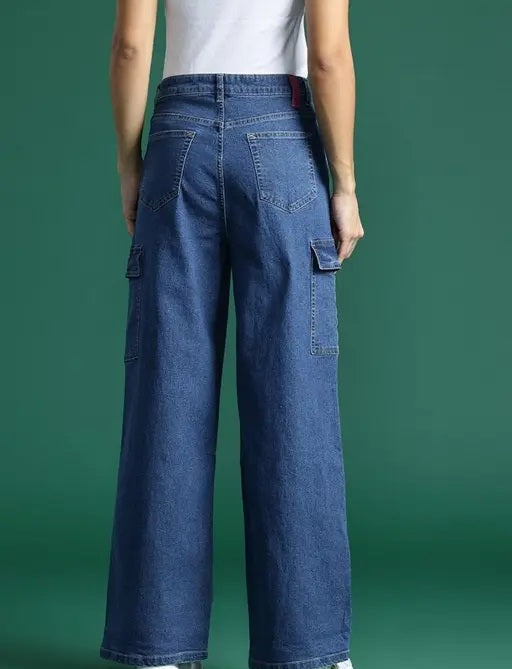 Vegles Women's Dark Blue Wide-Leg Cargo Jeans