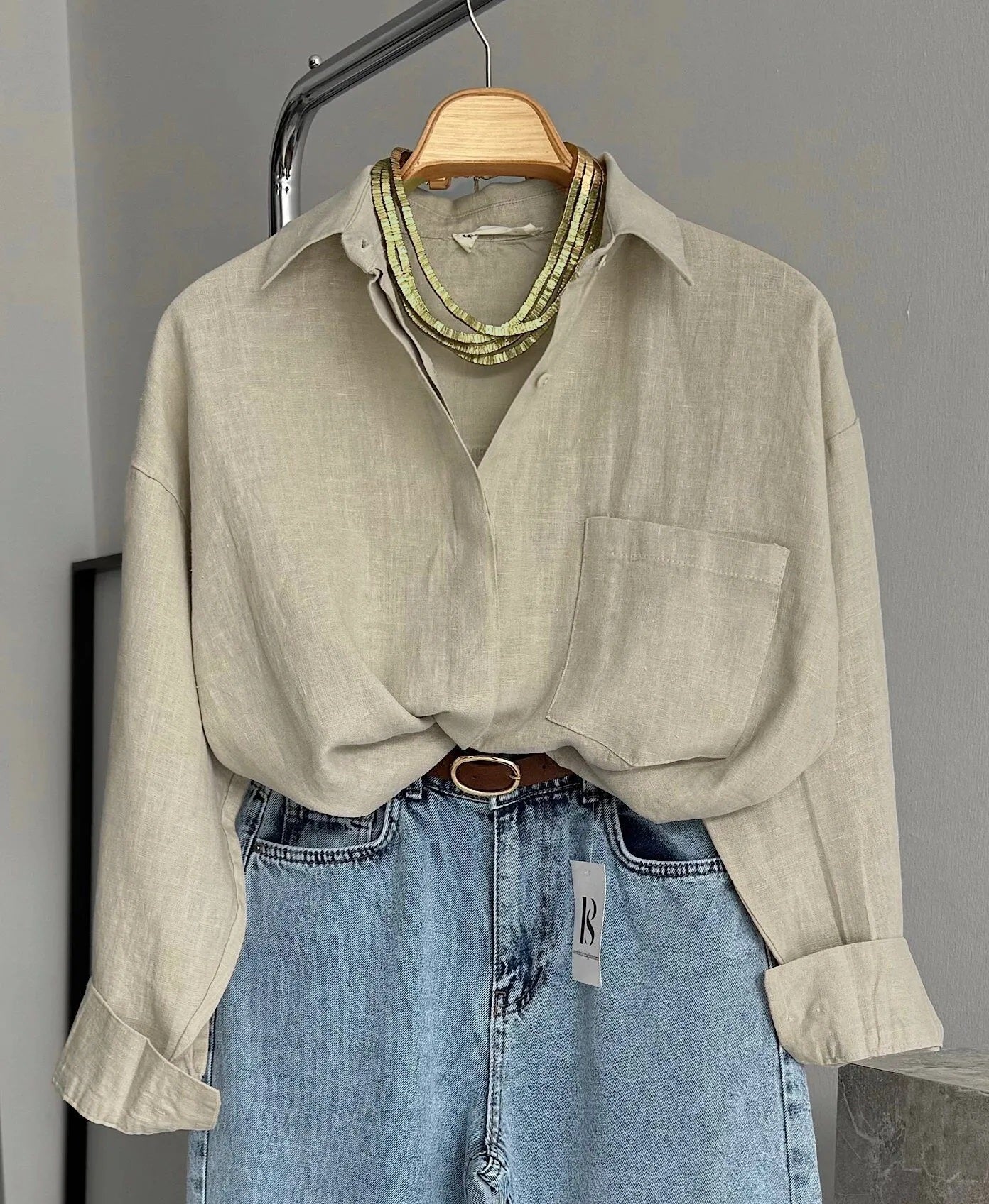 Vegles Beige cotton Linen Button-Up Over-Size Shirt