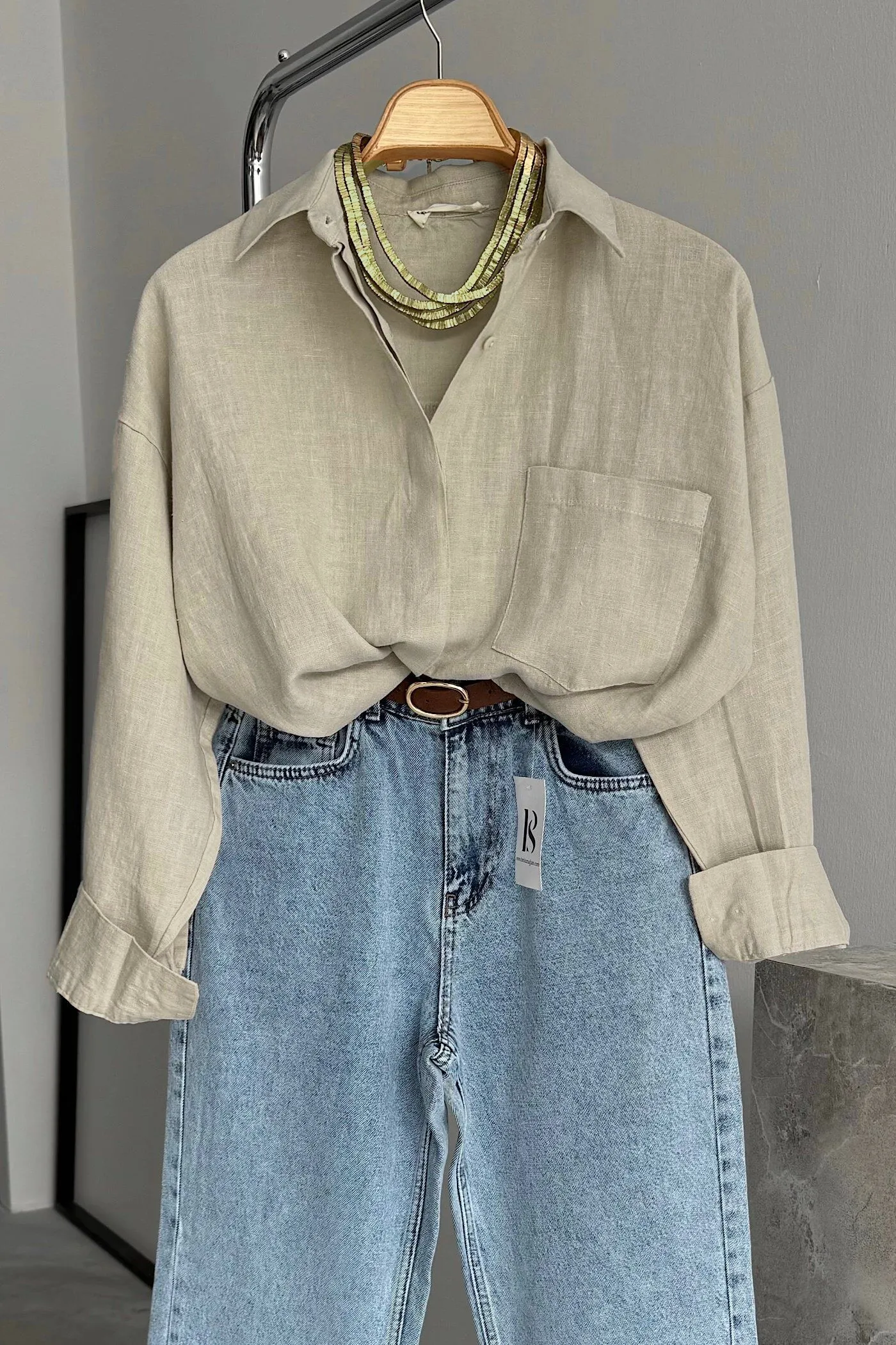 Vegles Beige cotton Linen Button-Up Over-Size Shirt