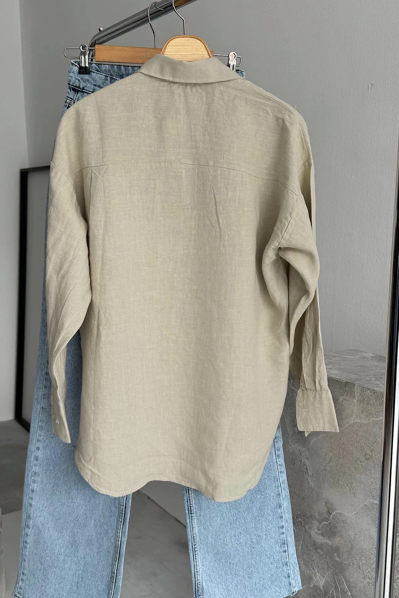 Vegles Beige cotton Linen Button-Up Over-Size Shirt