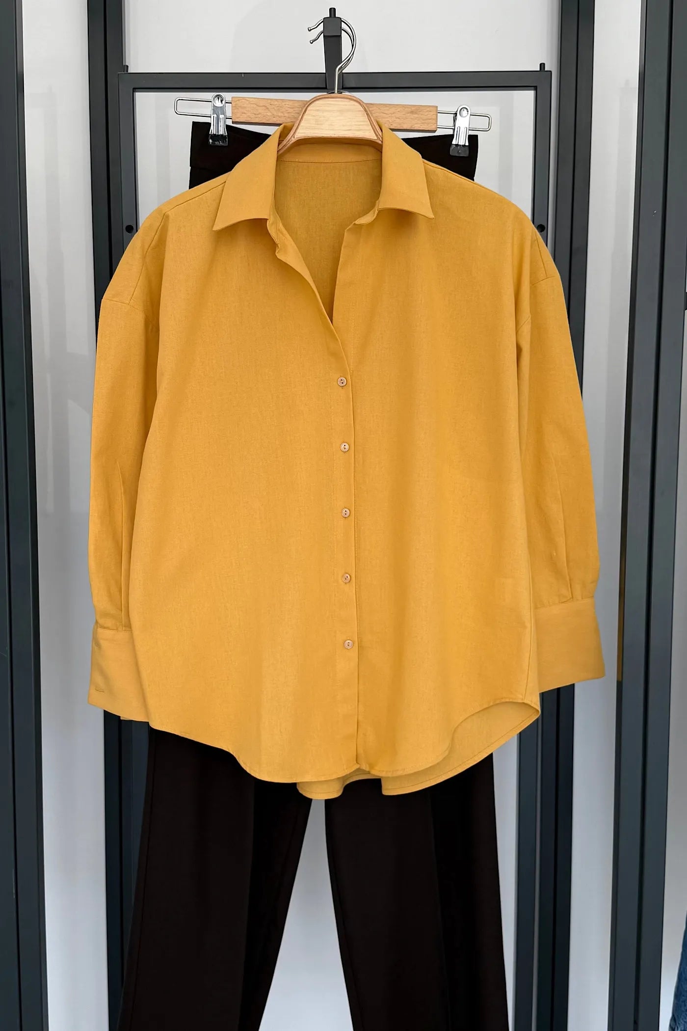 Mustard Yellow Oversized Cotton Blend Shirt for Women